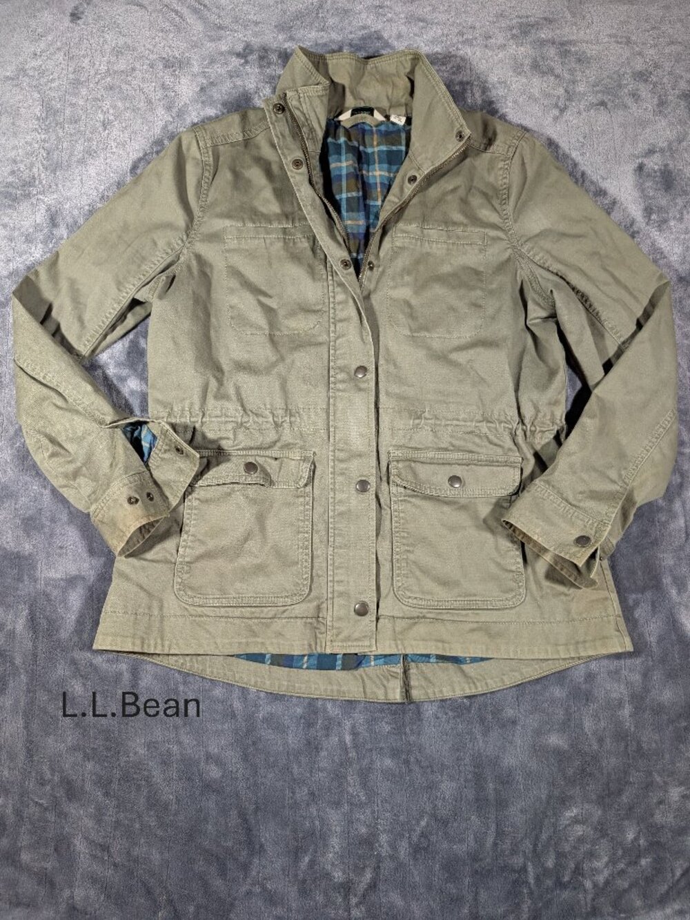 L.L. Bean Women's M Utility Jacket, Chore Coat, Olive Green Plaid Lined